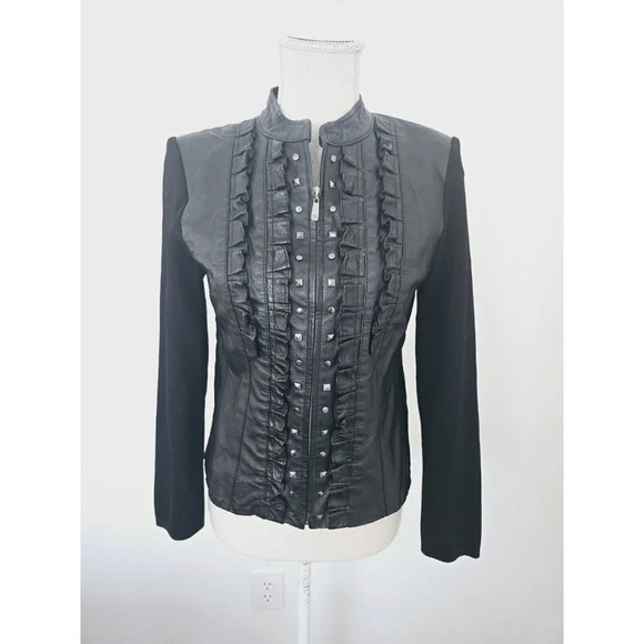 Peter Nygard Jackets & Blazers - Peter Nygard Leather Ruffle Studded Knit Zip Motorcycle Jacket Small Petite SP